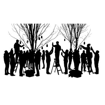 Group of people standing together in silhouette isolated on transparent background, Vector