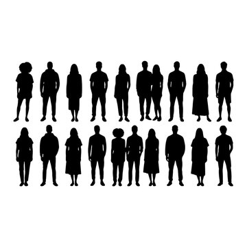 Silhouette line-up of diverse people standing together isolated on transparent background, Vector