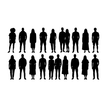 Group of silhouetted people standing together in a line isolated on transparent background, Vector
