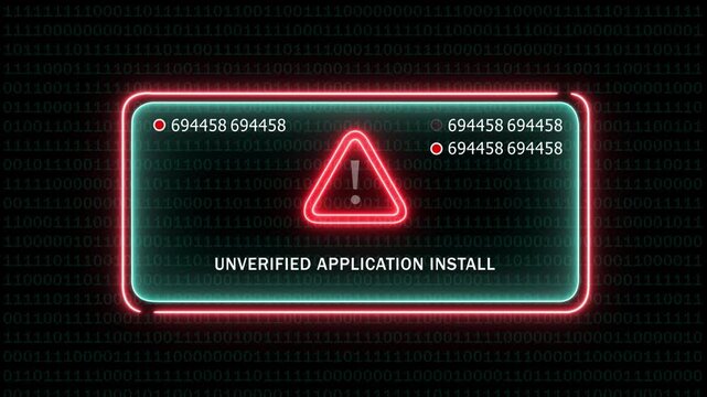 Cybersecurity warning alert featuring unverified application install notification with glowing neon red warning symbol and dynamic digital binary code background, for software security, and data