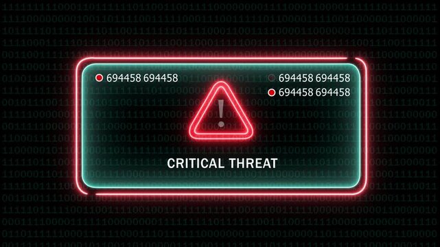 Animated critical threat warning alert with glowing neon red triangle and rapidly changing digital data code overlay for cybersecurity, network security breach, and system failure notification
