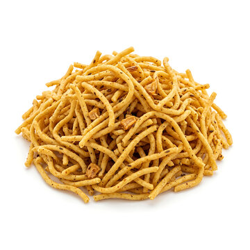 Garlic Lahsun Sev Isolated on White Background, Crispy Indian Snack
