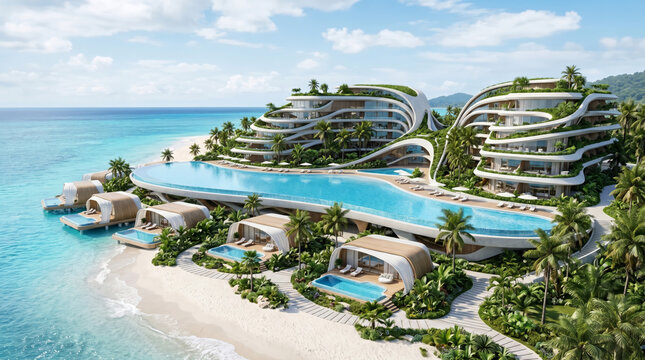 Futuristic floating resort designed along a tropical coastal landscape. Luxury architecture combines curved forms, ocean views and sustainable waterfront living.