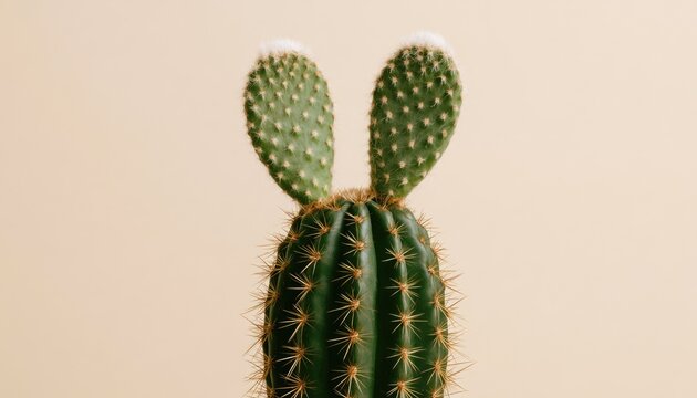 Cute Cactus with Bunny Ears Shape on Plain Background.