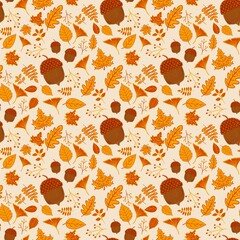 Autumn seamless pattern with hand drawn acorns and fallen foliage leaves © Afiny