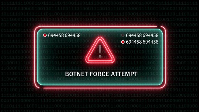 Cybersecurity alert interface featuring botnet force attempt warning message with glowing neon red warning triangle and rapidly changing binary code data stream background, for digital security