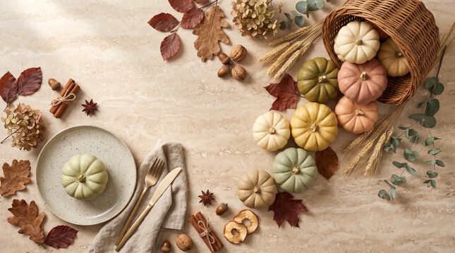 Autumn harvest arrangement with pumpkins leaves and wheat on a marble surface