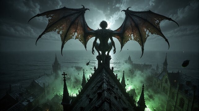 Gargoyle demon perched on gothic cathedral roof