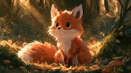 Fototapeta premium Little Fox Friend in a Sunny Woodland â€” Whimsical Illustration for Kids