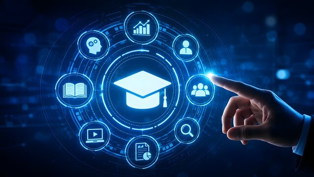 A hand interacting with a digital holographic interface showing education and e learning icons for modern online training concepts