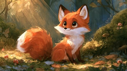 Naklejka premium Playful Fox Cub Among Forest Elements â€” Animal Companions Illustration