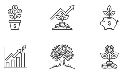 Fototapeta premium Financial growth and investment concepts with money trees, graphs, and piggy banks.