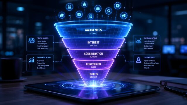 A digital marketing holographic sales funnel visualization showing customer journey stages in a futuristic blue data analytics environment