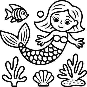 Cute cartoon mermaid swimming with a small tropical fish surrounded by sea coral and a seashell for kids coloring page