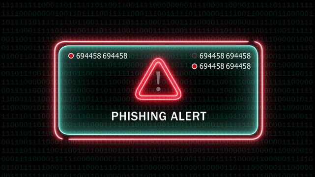 Dynamic phishing alert notification warning system with digital binary code background, for cybersecurity awareness, data protection, online, fraud prevention, and, secure network monitoring motion