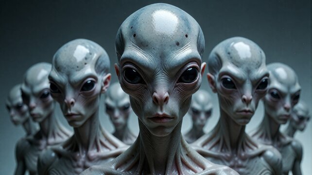 Group of Grey Alien Beings with Large Black Eyes