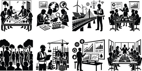 Fototapeta premium Urban Sustainability and Climate Adaptation Icons Set Featuring Green Infrastructure Cooling Solutions and Renewable Energy.eps, Urban Planning and Smart City Development Black Silhouette Vector Bundl