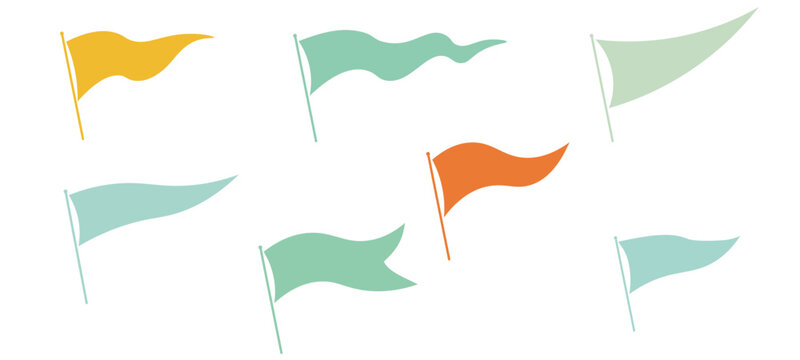 Description (191 characters):
Collection of seven colorful pennant flags on poles. Vector illustration of waving banners in pastel colors (orange, green, teal, yellow) on a white background. Hand-draw