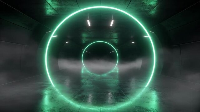 Neon glowing ring tunnel with atmospheric fog and reflective floor during a cinematic dolly in