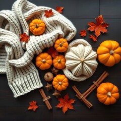 Fototapeta premium Autumn harvest theme flatlay with cozy knitted wool