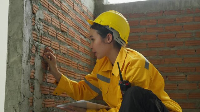 Home inspector in yellow hard hat examining brick wall at construction site with clipboard, focused worker inspecting unfinished interior home site against construction wall