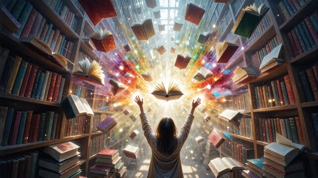 Magical Library with Floating Books and Radiant Energy