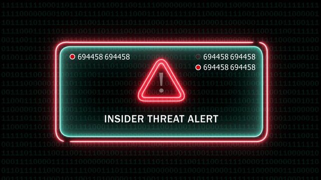 Cybersecurity insider threat alert warning notification with glowing neon red warning triangle and rapidly changing digital data code sequences on a dark background, for corporate network security