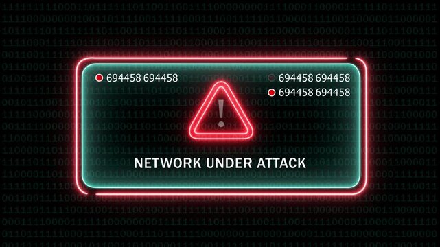 Cyber security alert warning interface featuring a glowing neon red warning triangle and the text network under attack displayed over a dark digital background, with rapidly changing, binary code