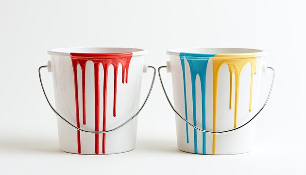 Two White Buckets with Dripping Red and Blue Yellow Paint.