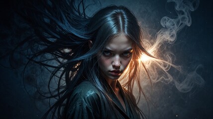 Fototapeta premium Mysterious Woman with Flowing Hair and Glowing Light Effect