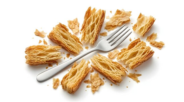 Flaky puff pastry pieces scattered around a metal fork representing messy eating and culinary dessert preparation