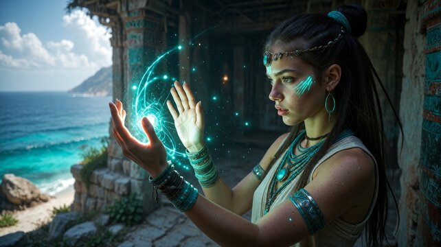 Mystical Sorceress Manipulating Magical Energy in Ancient Ruined Temple