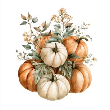 Watercolor illustration of floral pumpkins for a harvest centerpiece