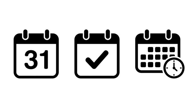 Set of black and white calendar icons with date, checkmark, and time symbols for planning and time management