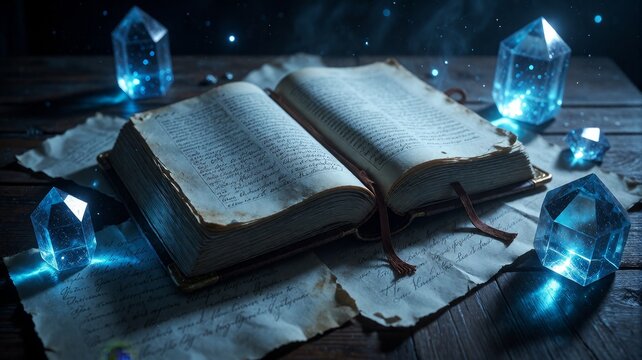 Open Ancient Grimoire Surrounded by Glowing Magical Crystals