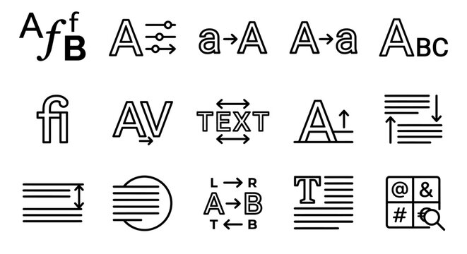 Set of outline typography and text formatting icons for graphic design software and word processing user interfaces