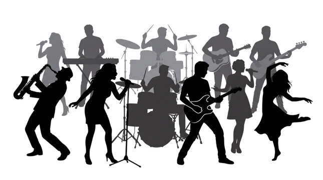 Silhouettes of a musical band and dancers performing on stage in a dynamic concert show