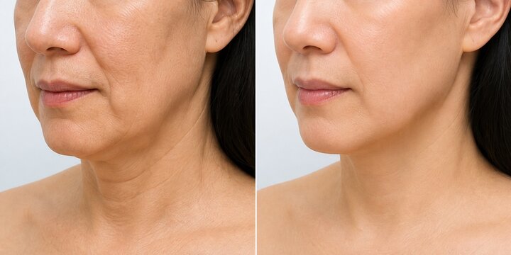 Before and after comparison of woman&rsquo;s neck and jawline skin tightening treatment