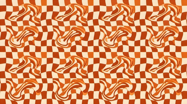 Abstract wavy checkered pattern in retro orange and yellow colors