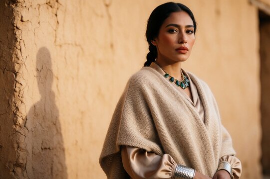 Elegant Peruvian Woman in Alpaca Poncho and Gemstone Necklace against Adobe Wall