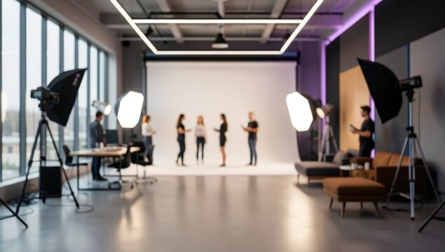 modern professional photo studio blurred background media production team workshop creative office interior lighting equipment softbox backdrop