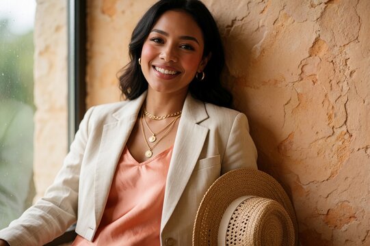 Smiling Colombian Woman in Beige Linen Blazer and Straw Hat Leaning Against Textured Sandstone Wall