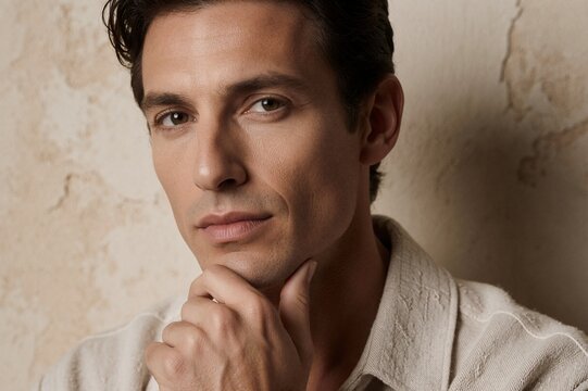 Elegant Italian Man Portrait Thoughtful Pose Textured Plaster Wall Background