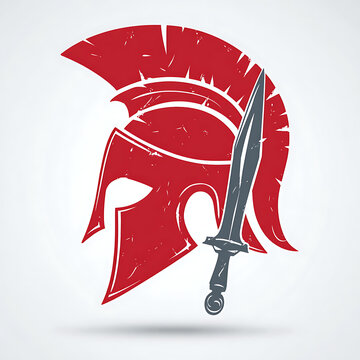 Red gladiator helmet with sword and shield icon illustration
