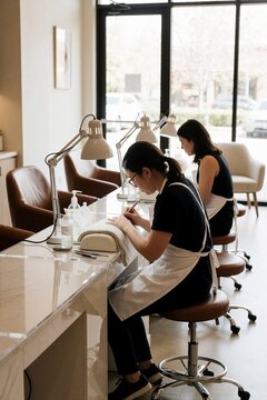 Nail Technician Working at Modern Clean Salon Station with Natural Light and Professional Equipment