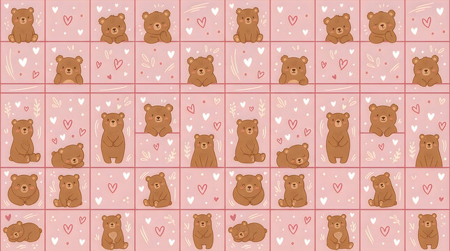 Cute seamless pattern with cartoon brown bears on a soft pink background for fabric and wallpaper