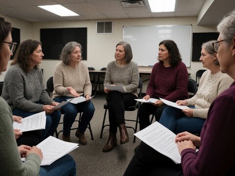 Peer Support Circle Meeting in Community Center Basement with Women Holding Handouts