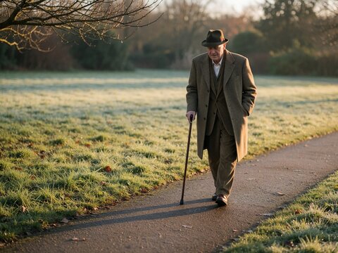 Senior Man Walking with Cane in Frosty Park at Dawn