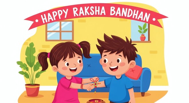 Happy Raksha Bandhan Kids Illustration &ndash; Cute Brother Sister Festival Celebration