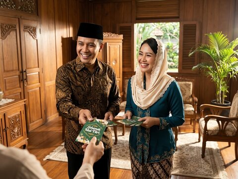 Indonesian Couple Sharing Green Envelopes During Eid Celebration